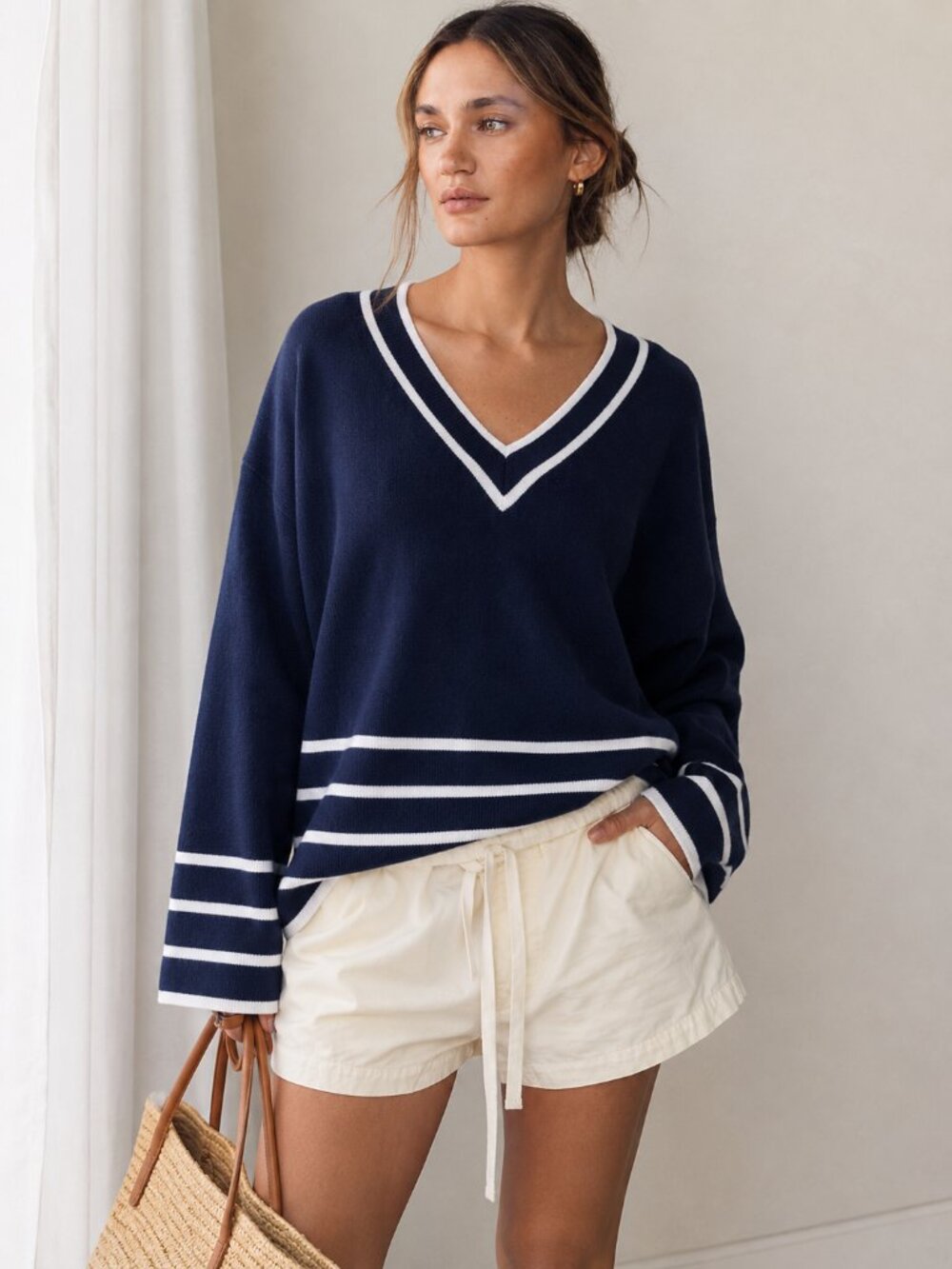 Michael Kors NWT Navy White Striped V Neck Sweater Coastal Chic Resort Size L